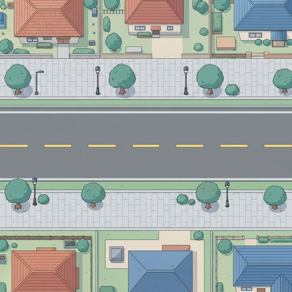 Image: Top-down 2D game background, bird's-eye view of a 