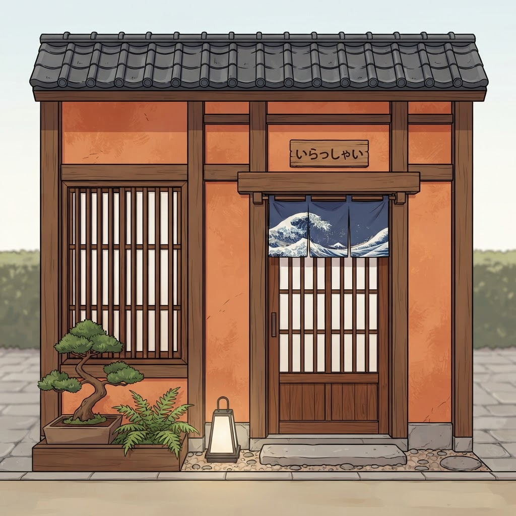 Image: Cel-shaded anime style house facade texture, small