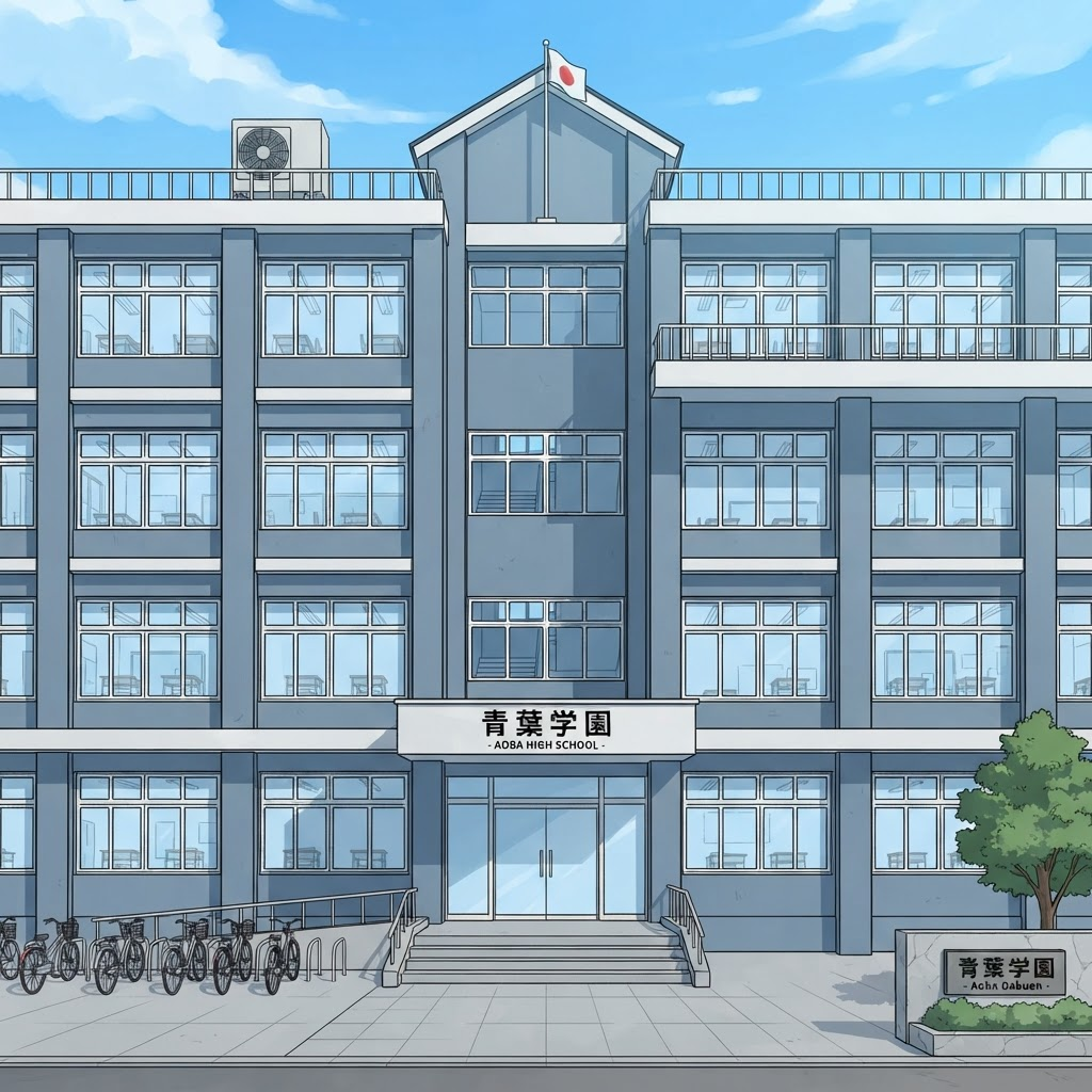 Image: Cel-shaded anime style school building facade text
