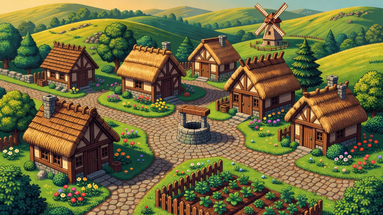 Village Scene - Pixel Art Background
