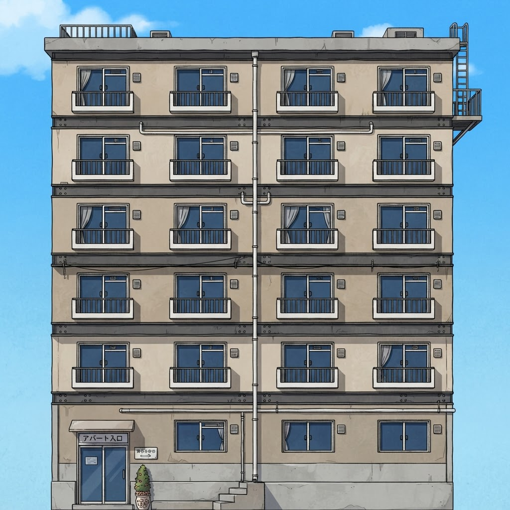 Image: Cel-shaded anime style generic building facade wit
