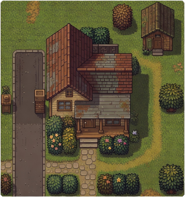 House 2 - L-Shaped Bungalow with Porch and Shed