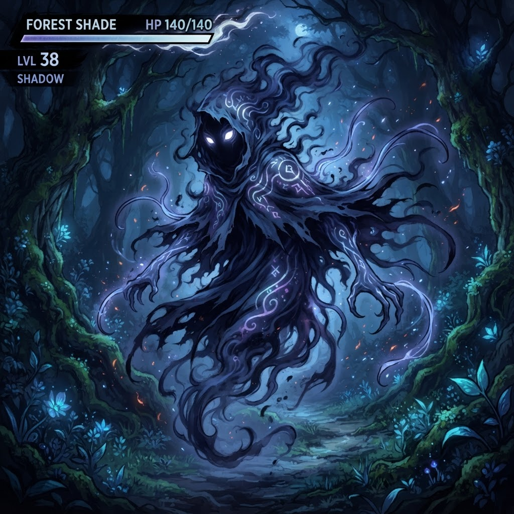 Image: anime-style forest shade spirit enemy battle portr