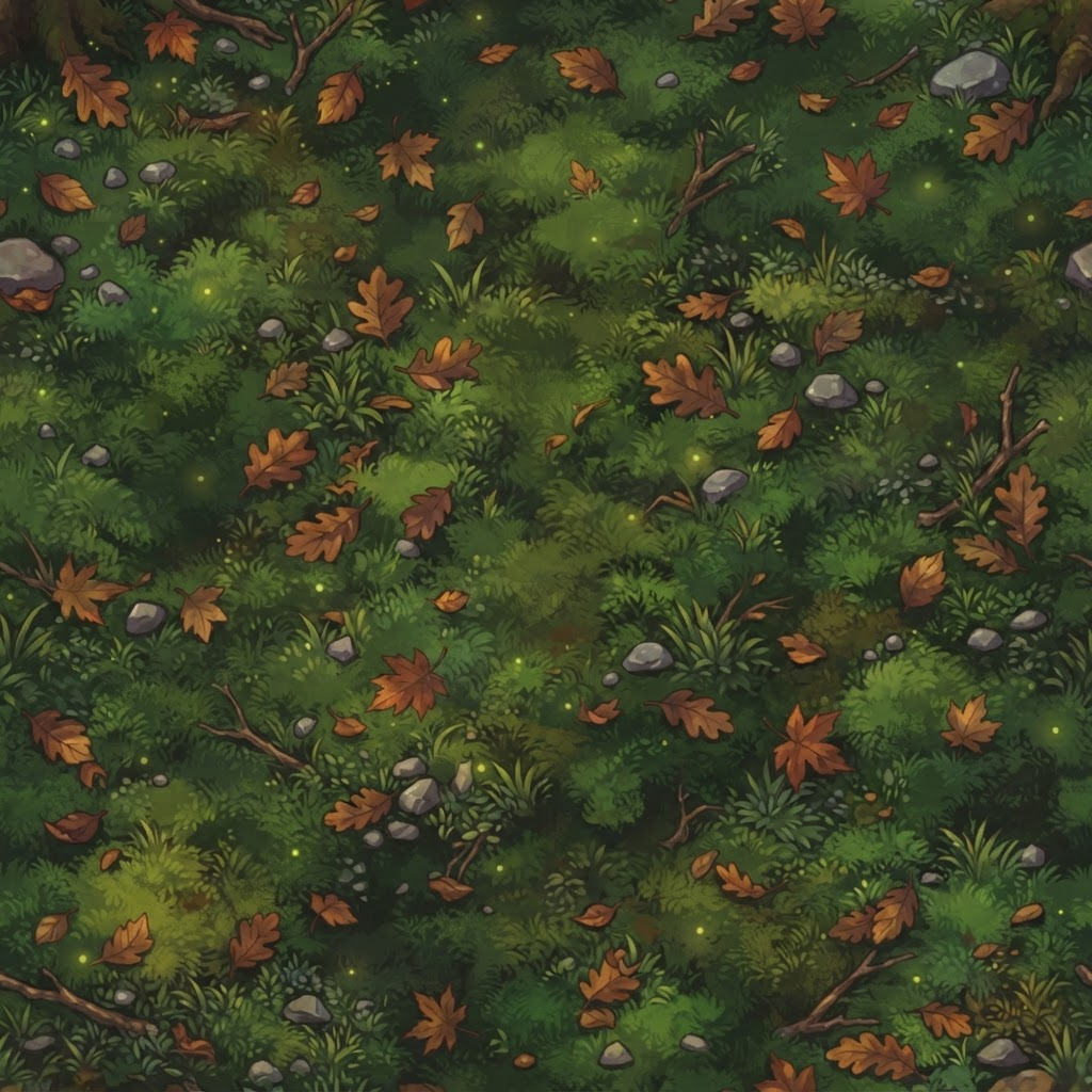 Image: top-down 2D JRPG overworld forest floor tile, soft