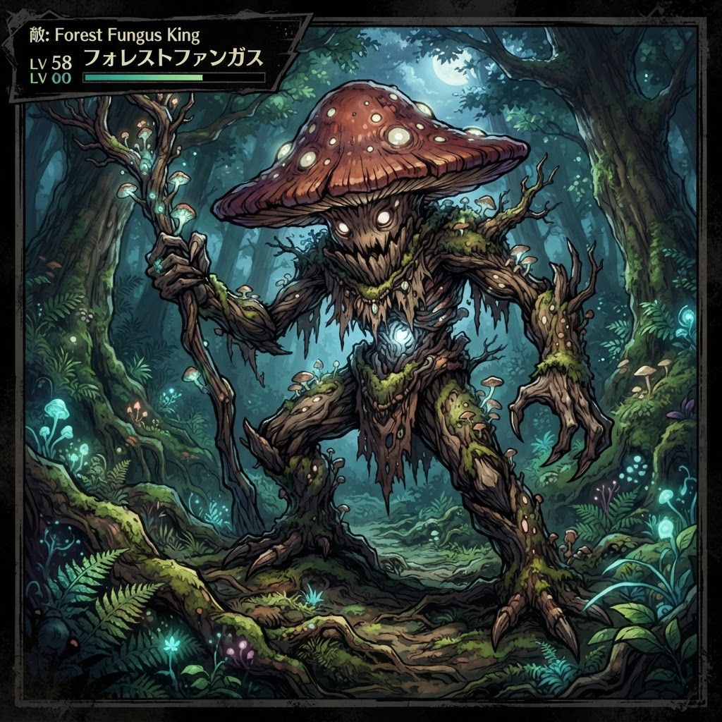 Image: anime-style forest mushroom beast enemy battle por