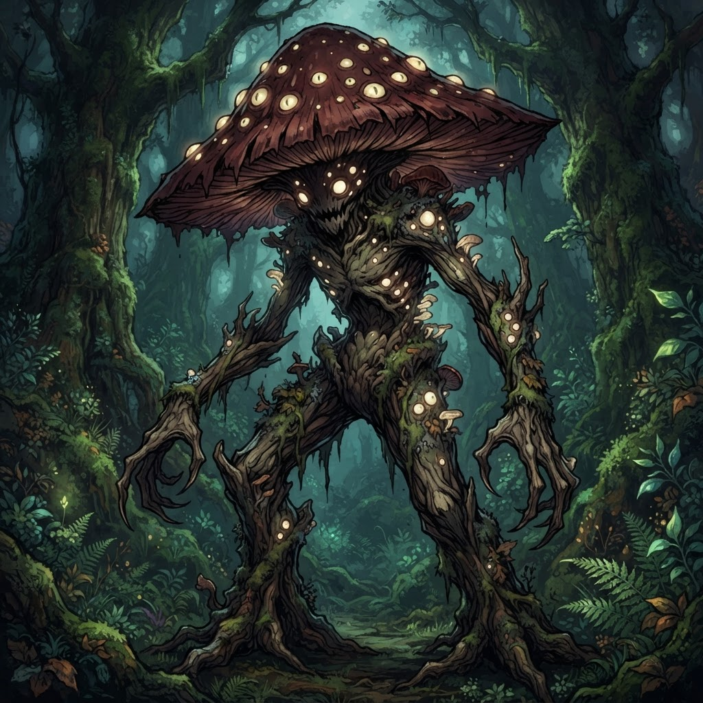 Image: anime-style towering anthropomorphic fungus creatu