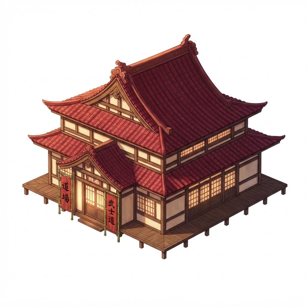 Image: Traditional Japanese dojo building seen from top-d