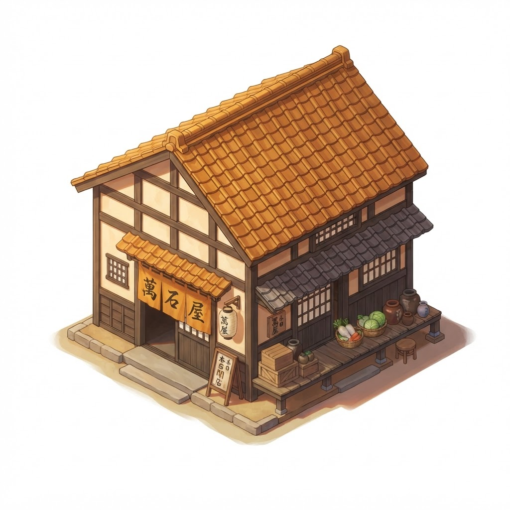 Image: Traditional Japanese shop building seen from top-d