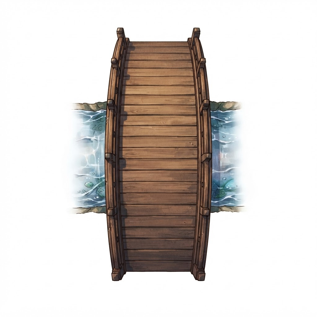 Image: Wooden arched bridge over water seen from directly