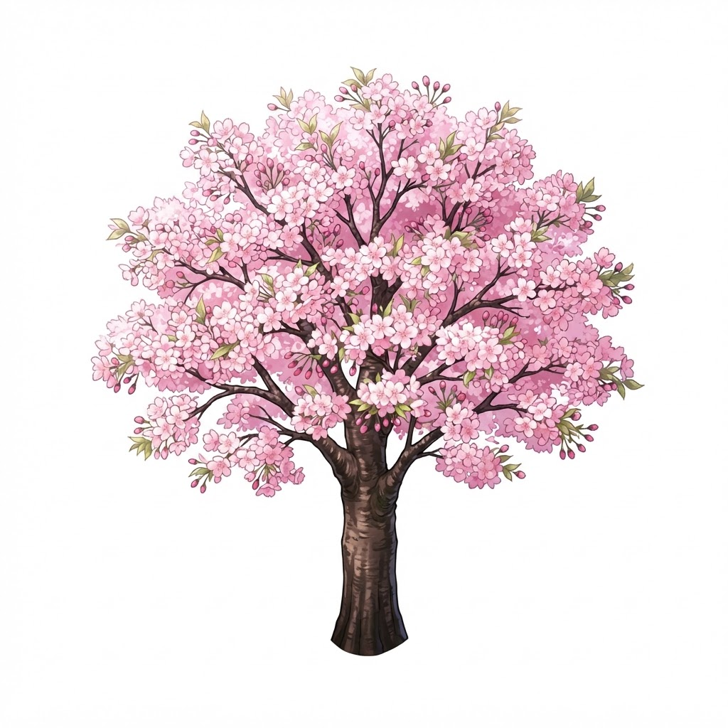 Image: A single cherry blossom sakura tree game asset wit