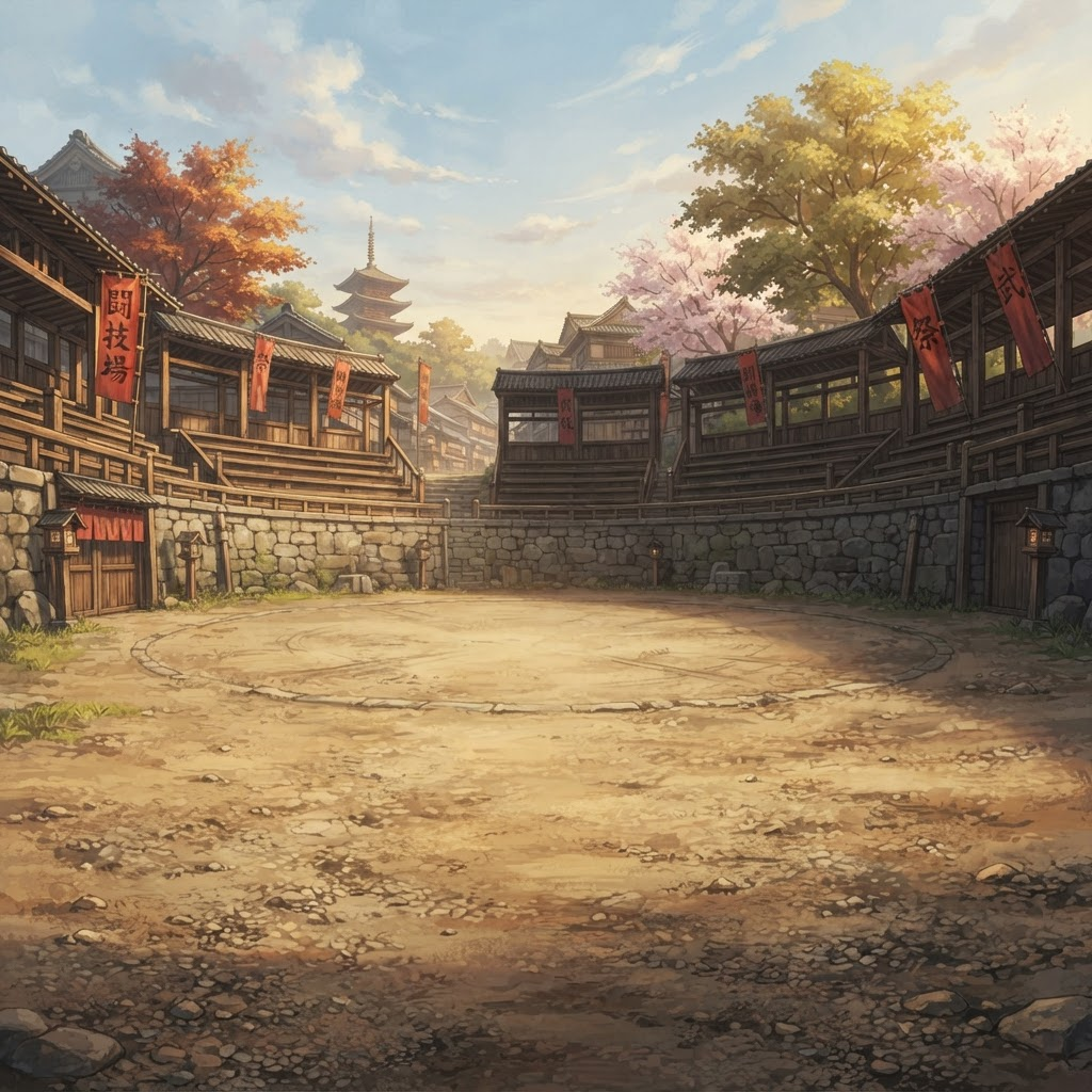 Image: Circular stone fighting arena of a feudal japanese