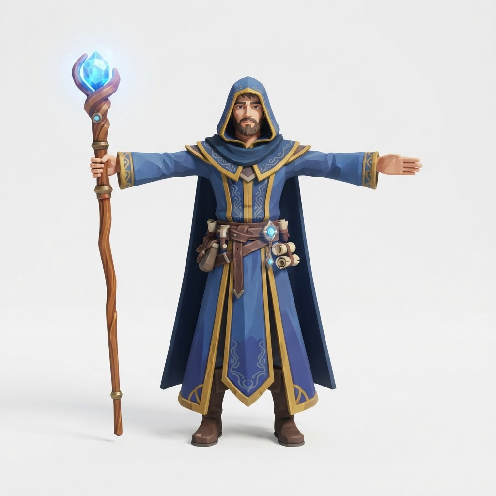 Image: A stylized fantasy wizard character, long flowing 