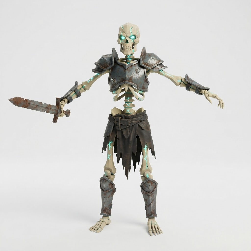 Image: A stylized undead skeletal warrior, glowing eerie 
