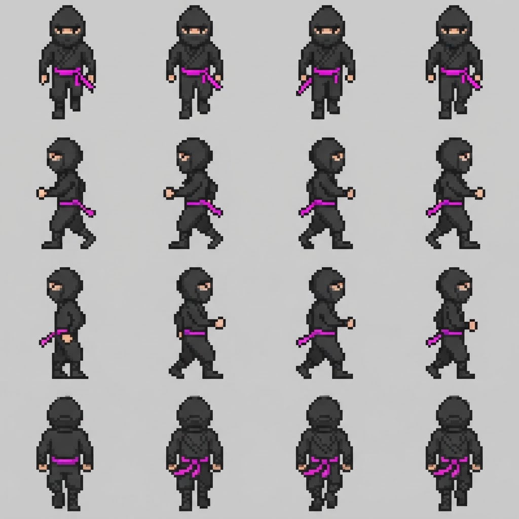 Image: top-down pixel art RPG character spritesheet of a 