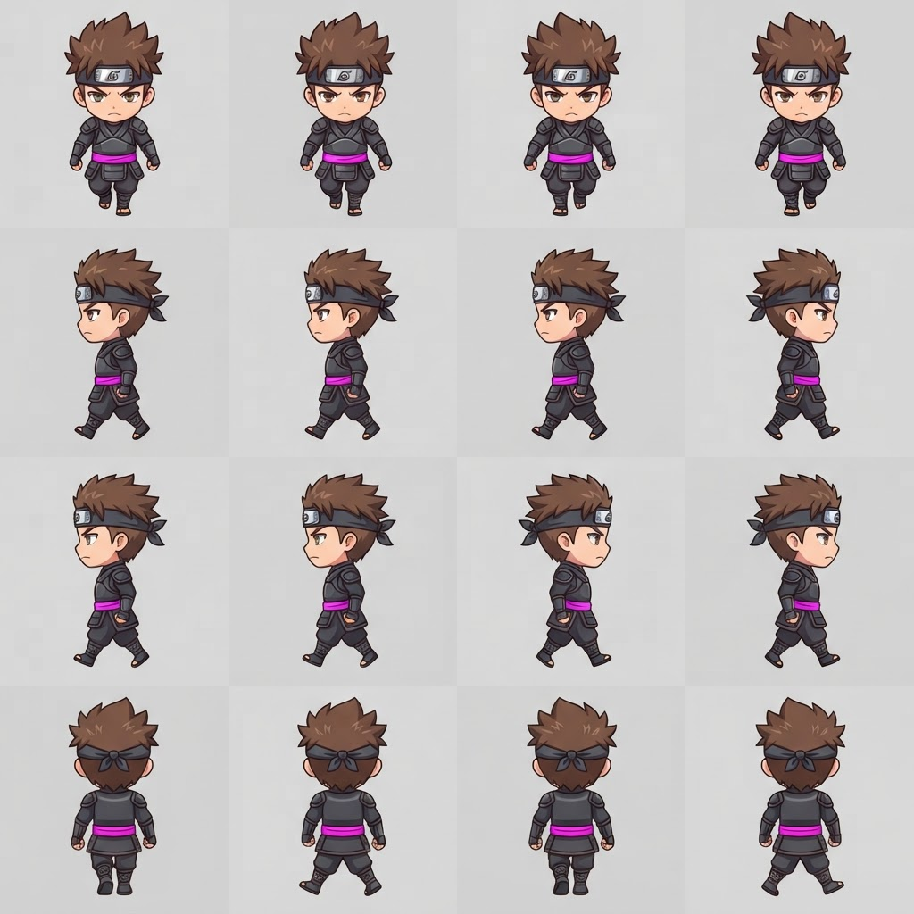 Image: cute anime chibi NINJA boy character, top-down RPG