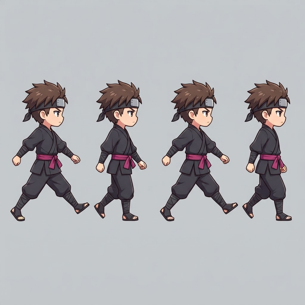 Image: anime chibi ninja boy walk-cycle strip, SIDE VIEW 
