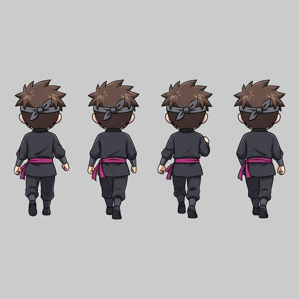 Image: anime chibi ninja boy walk-cycle strip, BACK VIEW 