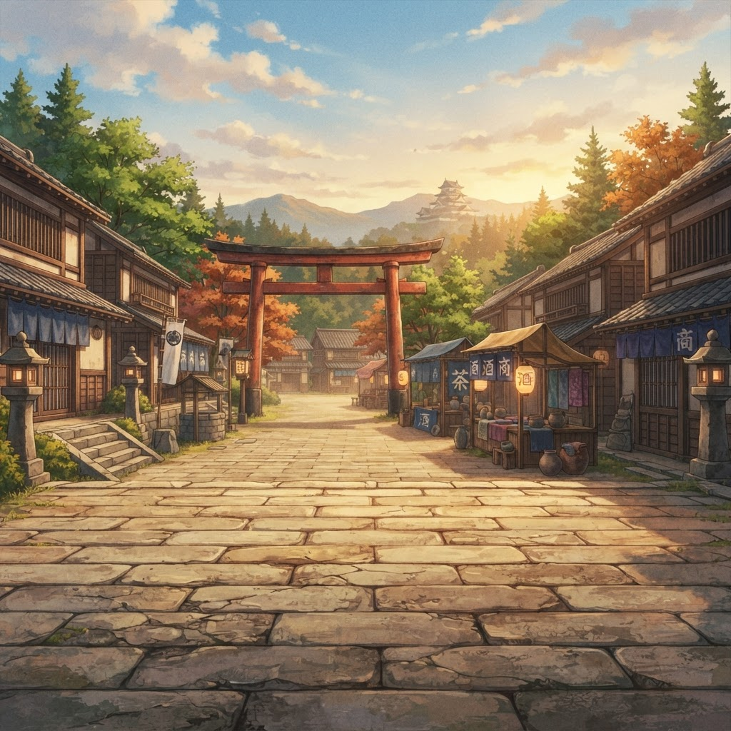 Image: Village plaza of a japanese feudal anime town seen