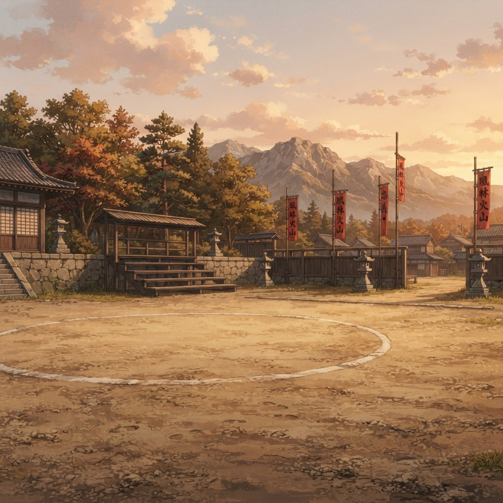Image: Outdoor training arena of a japanese feudal anime 