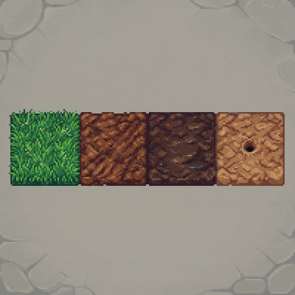 Image: pixel art top-down farm ground tileset sheet, 4 ti