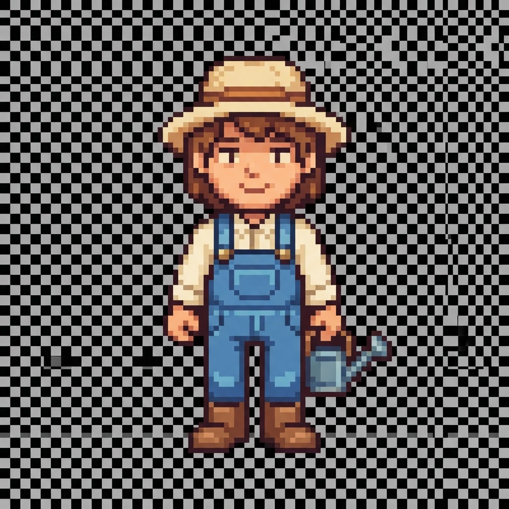 Image: pixel art top-down farmer character sprite, 32x32 