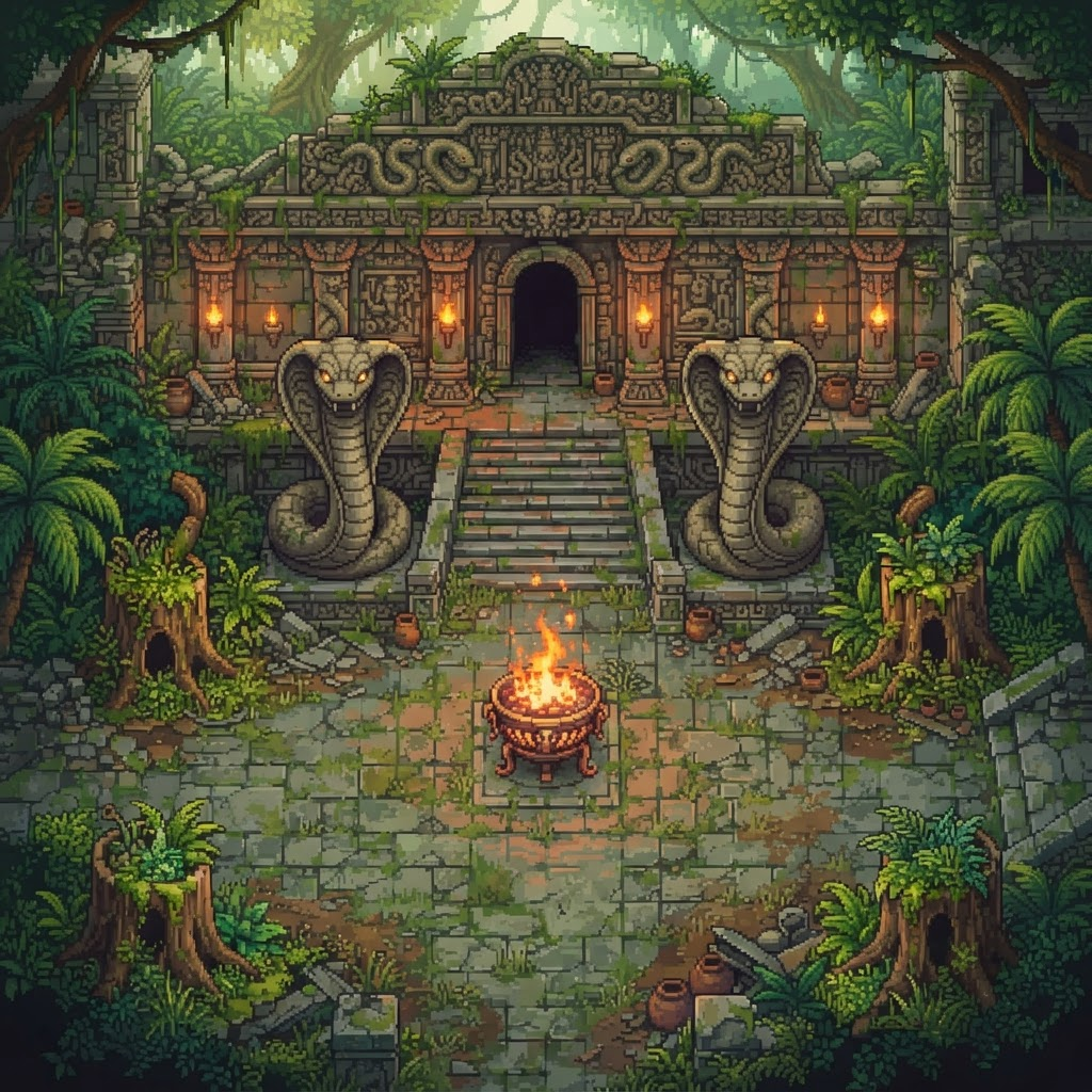 Image: Top-down 3/4 pixel art ARPG game environment scree