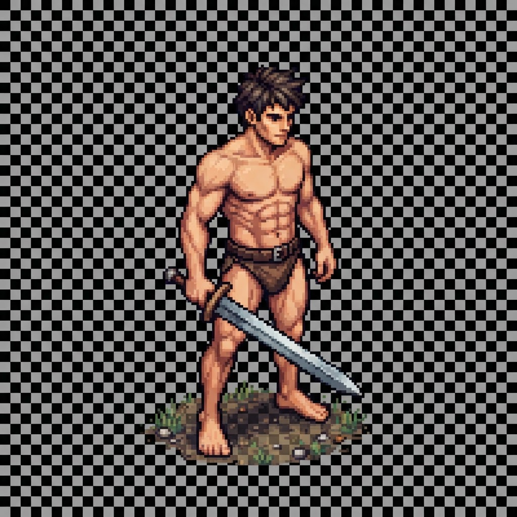 Image: Top-down pixel art game character sprite, male adv