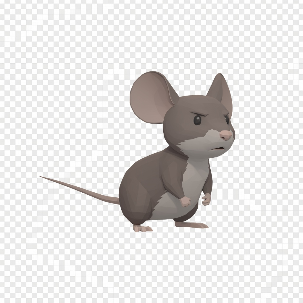 Mouse player character - cute small gray mouse with big ears and tail, low-poly flat-shaded game art style, side view, full body, game asset, transparent background, Pixar quality