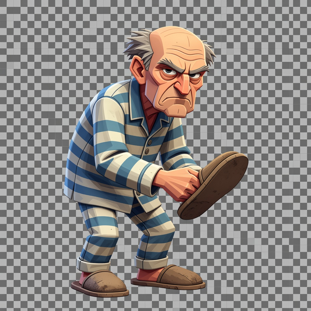 Grandpa character - elderly grumpy man in pajamas and slippers holding a slipper, low-poly flat-shaded game art style, side view, full body, game asset, transparent background