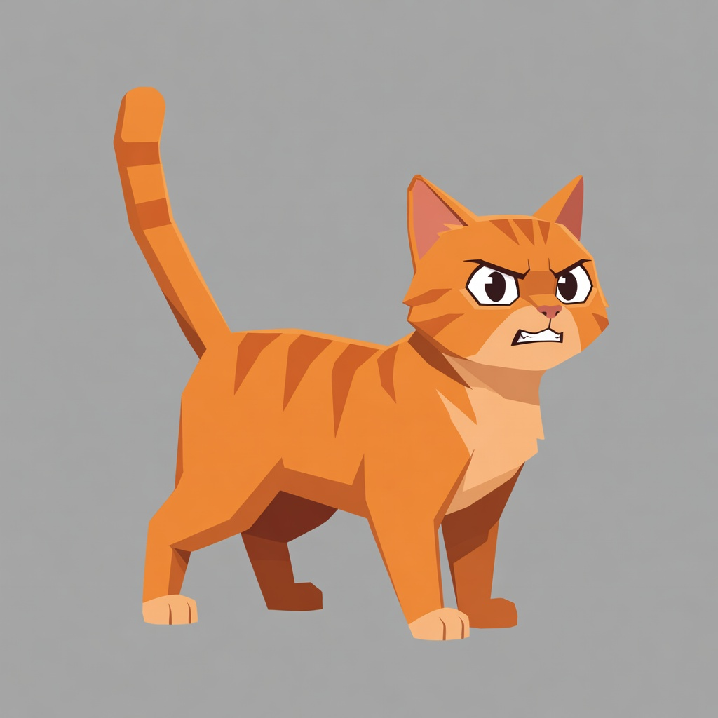 House cat - orange tabby cat alert standing pose with tail up, low-poly flat-shaded game art style, side view, full body, game asset, transparent background