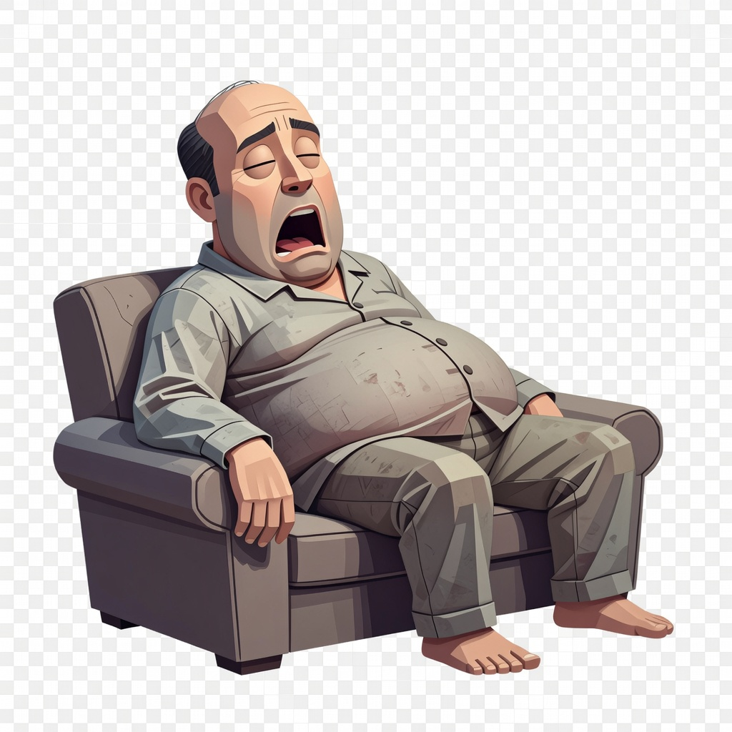 Dad character - overweight man in pajamas snoring on couch, low-poly flat-shaded game art style, side view, full body, game asset, transparent background