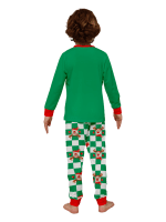 Grönrutig julpyjamas av en ren dekorerad med julgranskulor