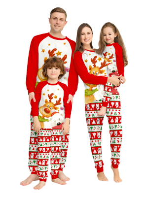 Una renna sorridente e il suo amico orso polare, vestiti per l'inverno con un pigiama di famiglia coordinato