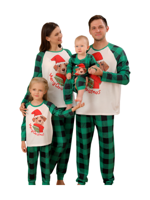Matching checked pyjama featuring a dog ready to go out for Christmas