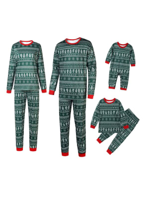 Modern green Christmas pyjamas with winter motifs, snowflakes, fir trees