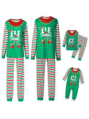 Christmas pajamas green striped with Elf Squad pattern