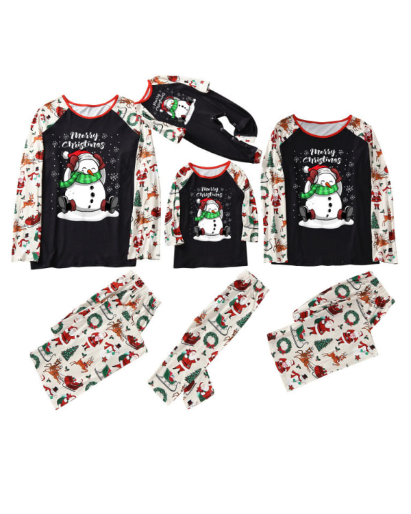 Merry Christmas och snögubbe med tryck julpyjamas, vit och svart