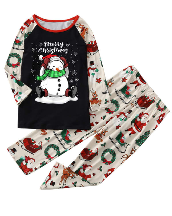 Merry Christmas och snögubbe med tryck julpyjamas, vit och svart