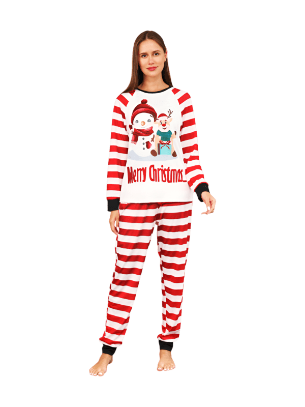 Snögubben och hans glada renkompis, rödrandig familjepyjamas