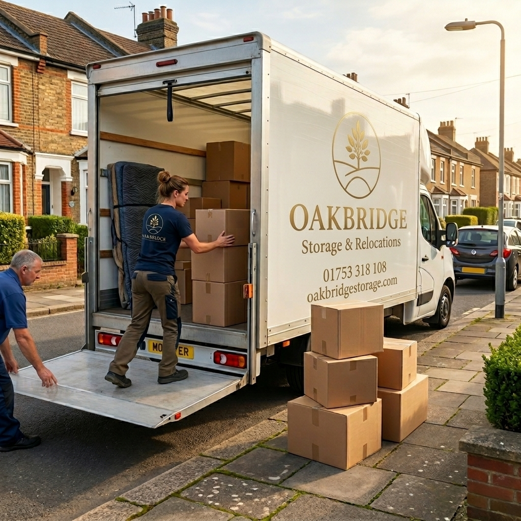 Oakbridge removal crew loading furniture into branded van