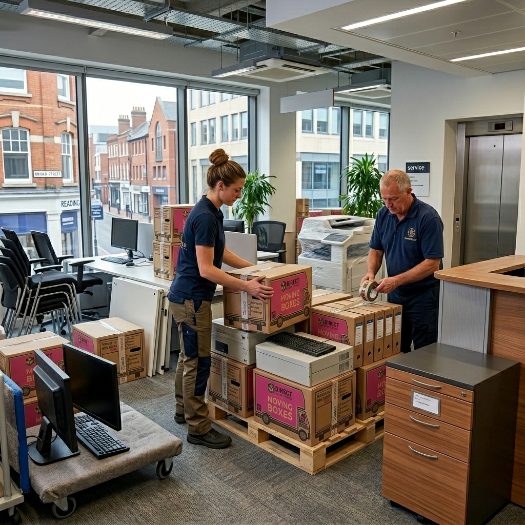 Oakbridge team packing boxes in office warehouse