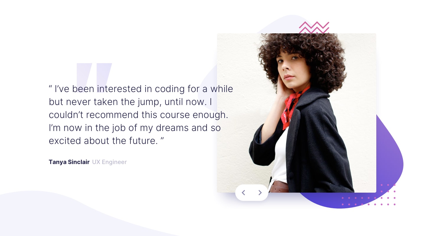 Coding bootcamp testimonials slider with user images and quotes