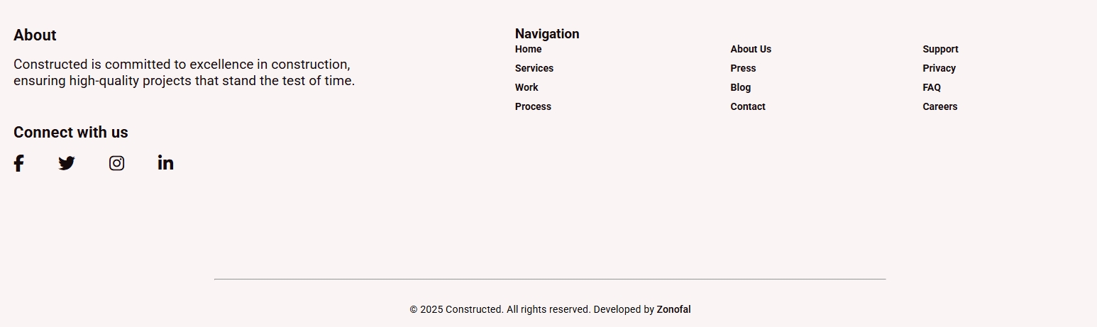 Footer with contact information and navigation links