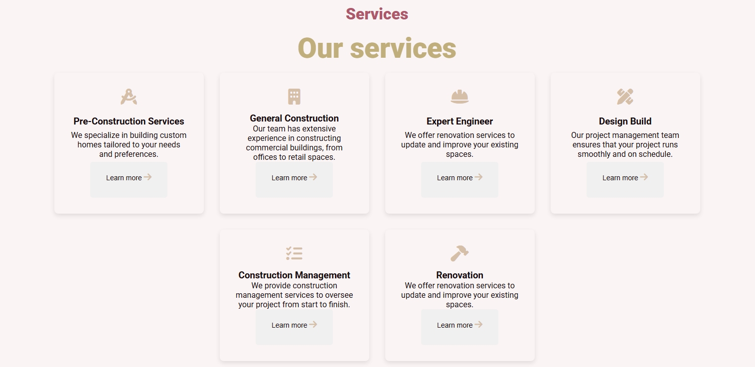 Services section with animated entrance on scroll