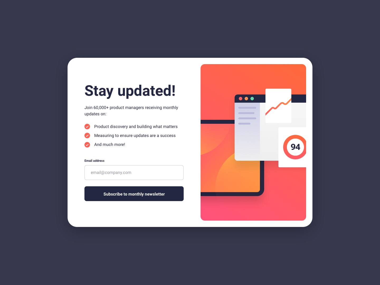 Newsletter sign-up form with success message UI