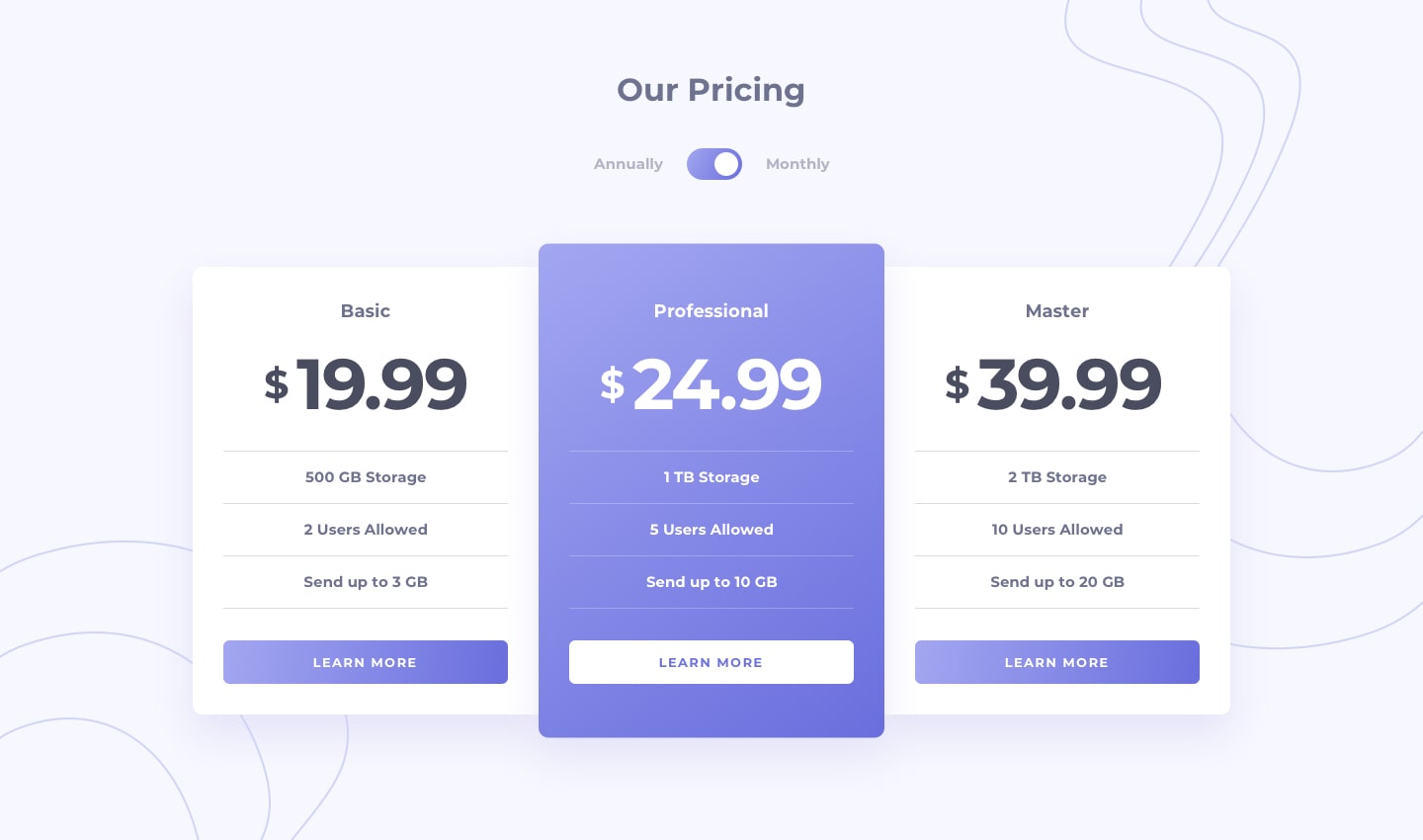 Responsive pricing page with annual and monthly toggle