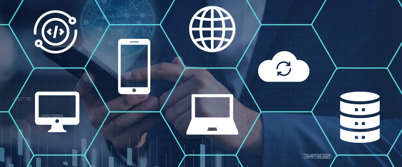 Illustration of web development workspace with screens and code