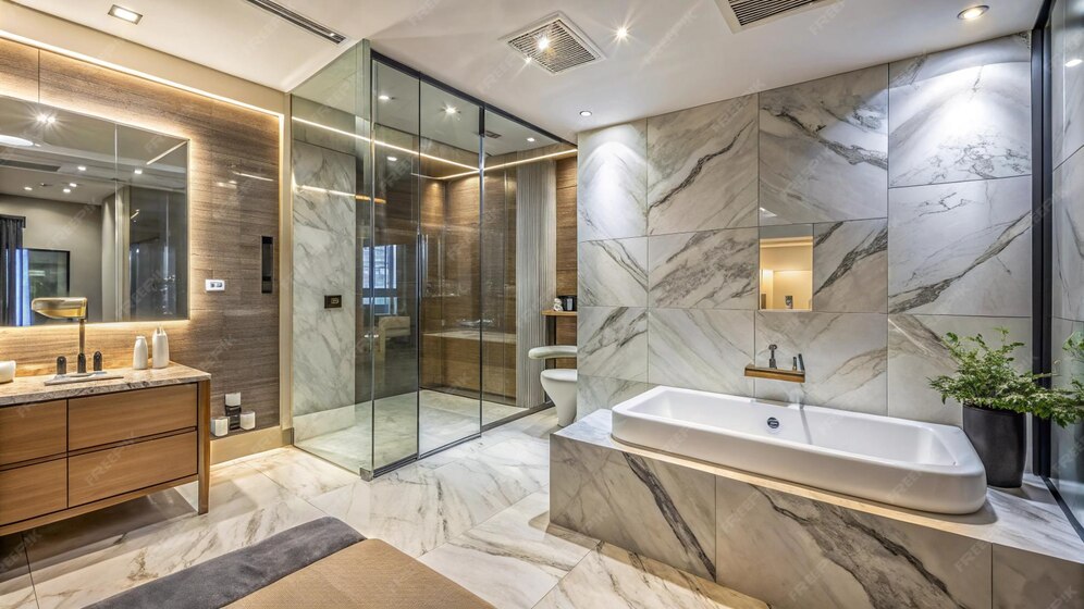 Bathroom with marble tiles and glass shower