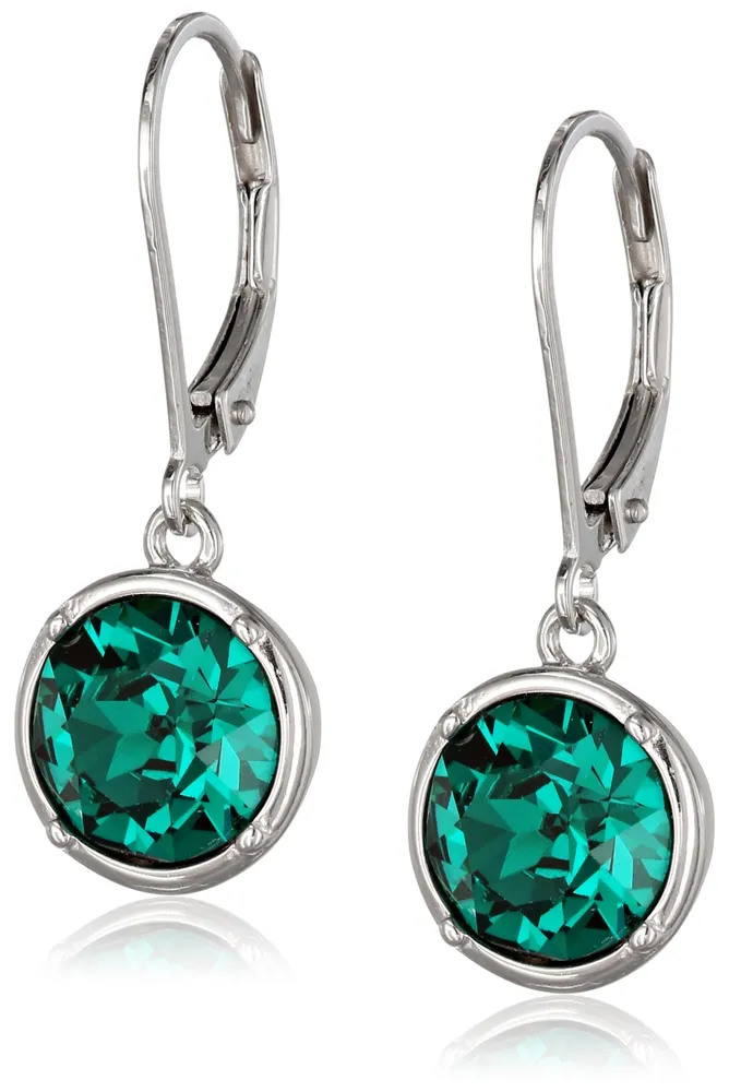 Sterling Silver Green Swarovski Elements Crystal Round Lever Back Drop Earrings