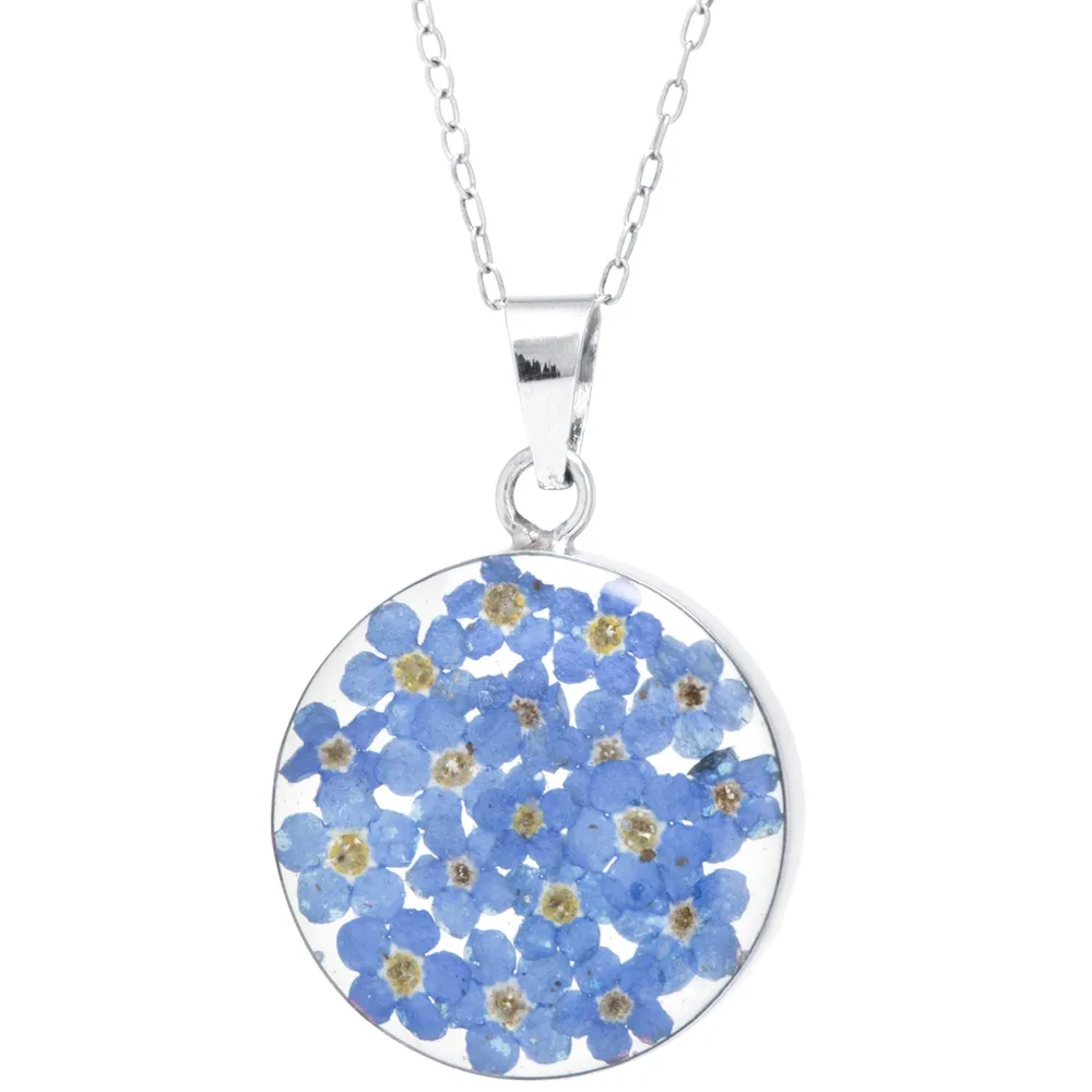 Women's Sterling Silver Pressed Flower Round Pendant Necklace